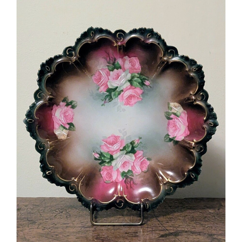 Antique MZ Austria Porcelain Bowl Dark Green Burgundy Pink Roses Scalloped 10"